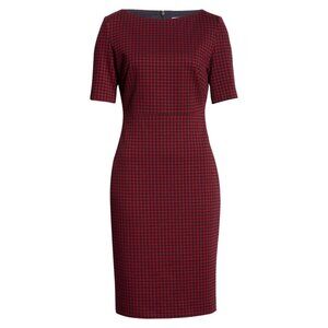 NWT BOSS Hugo Boss Dalula in Red Black Houndstooth Bateau Neck Sheath Dress 10